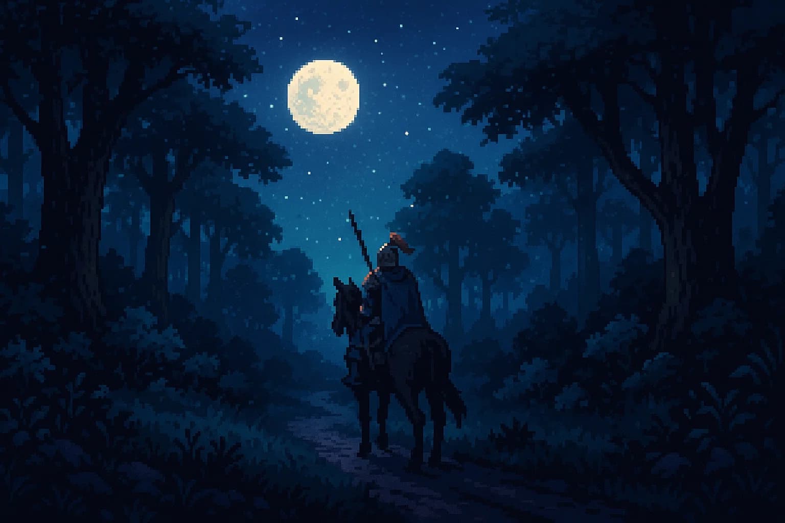 Pixelart of a knight riding into the unknown